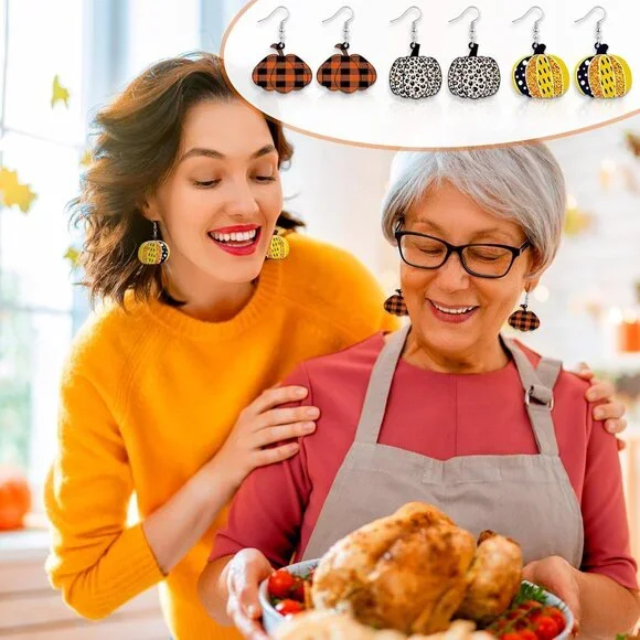12 Pairs Thanksgiving Fall Earrings for Women Leopard pumpkin Maple Leaf Turkey - Picture 5 of 7